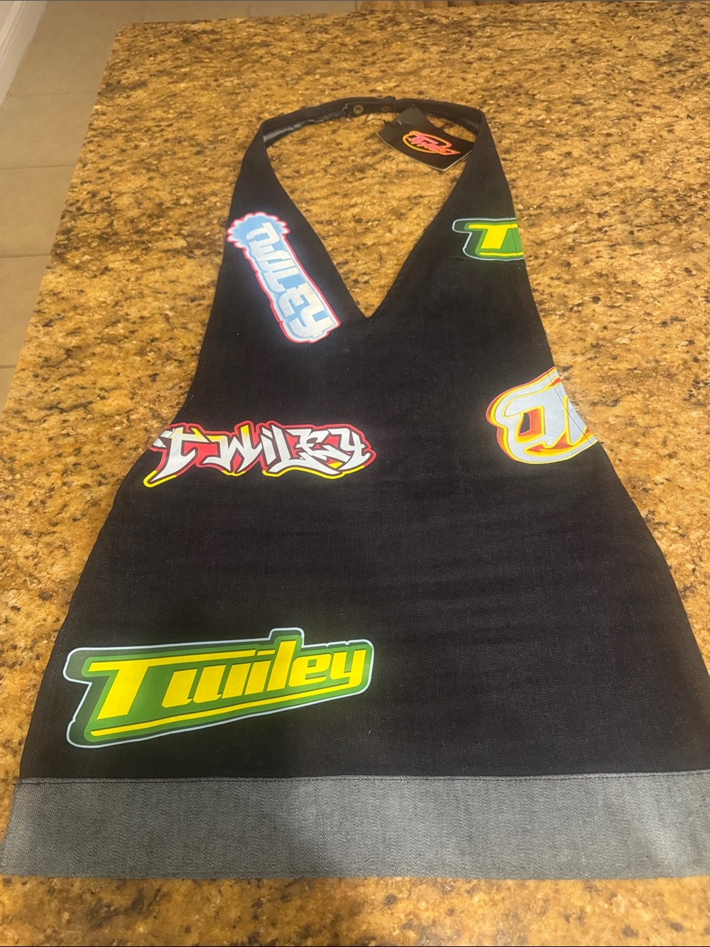 Black Halter Logo Print Dress with Colorful Stickers